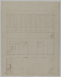 214940 Opstand van de voorgevel van plattegrond van het Gebouw voor Kunsten en Wetenschappen (Mariaplaats 27) te ...